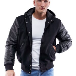 Varsity Jacket with Black Wool Body & Black Leather Sleeves Hoodie Letterman Jacket