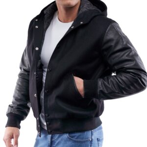 Black Wool Body & Black Leather Sleeves Hoodie Letterman Jacket side