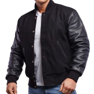 Letterman Varsity Jacket with Black Wool Body & Black Leather Sleeves
