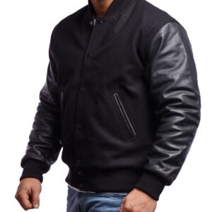 Black Wool Body & Black Leather Sleeves Letterman Jacket front side