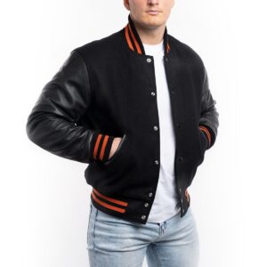 Varsity Jacket with Black Wool Body & Black Leather Sleeves with Orange Stripes Letterman Jacket