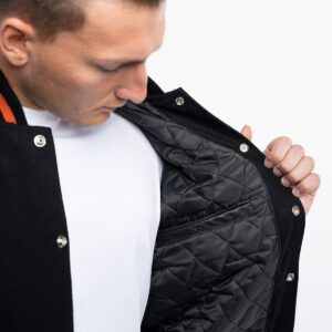 Black Wool Body & Black Leather Sleeves with Orange Stripes Letterman Jacket side