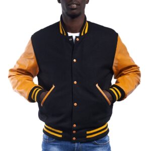 Varsity Letterman Jacket Black Wool Body Bright Gold Leather Sleeves