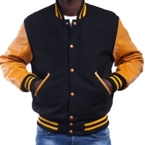 Varsity Letterman Jacket Black Wool Body Bright Gold Leather Sleeves inspired by Varsitybase