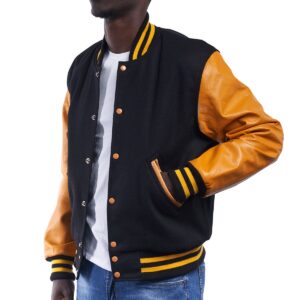 Black Wool Body & Bright Gold Leather Sleeves Letterman Jacket side