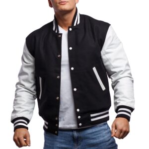 Varsity Letterman Jacket with Black Wool Body & Bright White Leather Sleeves