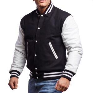 Black Wool Body & Bright White Leather Sleeves Letterman Jacket front side