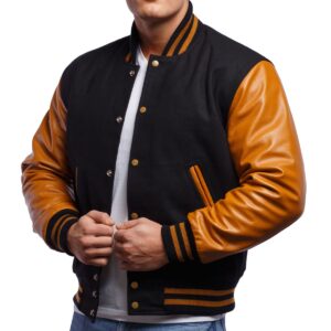 Black Wool Body & Old Gold Leather Sleeves Letterman Jacket front 2