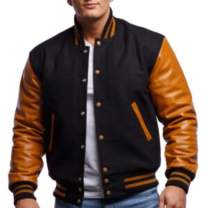 Varsity Letterman Jacket with Black Wool Body & Old Gold Leather Sleeves