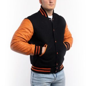 Varsity Jacket with Black Wool Body & Orange Leather Sleeves Letterman Jacket