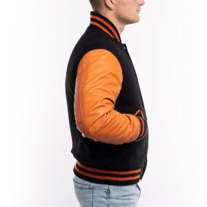 Black Wool Body & Orange Leather Sleeves Letterman Jacket side
