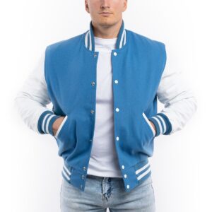 Varsity Letterman Jacket Light Blue Wool Body Bright White Leather Sleeves