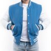 Varsity Letterman Jacket Light Blue Wool Body Bright White Leather Sleeves