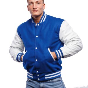 Varsity Letterman Jacket with Bright Royal Wool Body & Bright White Leather Sleeves