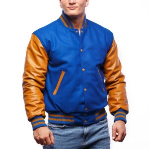 Varsity Letterman Jacket with Bright Royal Wool Body & Old Gold Leather Sleeves Letterman Jacket