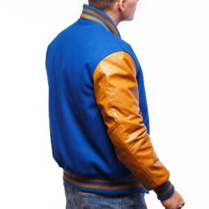 Bright Royal Wool Body & Old Gold Leather Sleeves Letterman Jacket side back