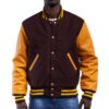 Varsity Letterman Jacket Brown Wool Body Bright Gold Leather Sleeves