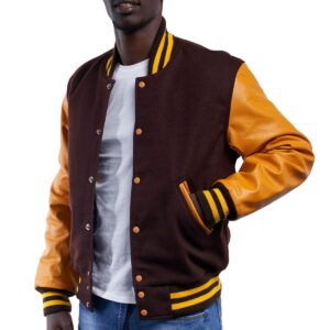 Brown Wool Body & Bright Gold Leather Sleeves Letterman Jacket side