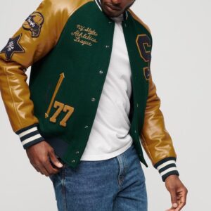 College Varsity Patched Bomber Jacket green with golden sleeves front