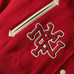 College Varsity Patched Bomber Jacket green with golden sleeves red close