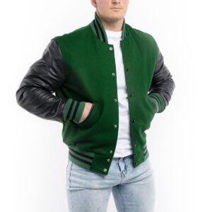 Varsity Letterman Jacket Green Wool Body Black Leather Sleeves
