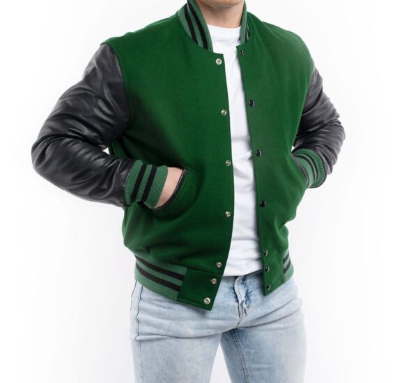 Varsity Letterman Jacket Green Wool Body Black Leather Sleeves