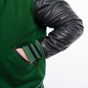 Green Wool Body & Black Leather Sleeves Letterman Jacket front close