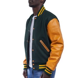 Green Wool & Bright Gold Sleeves Letterman Jacket side