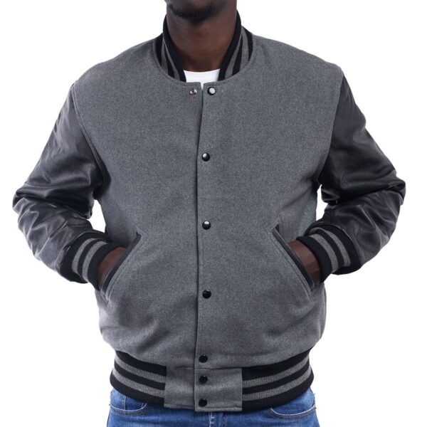 Varsity Letterman Jacket Light Oxford Wool Body Black Leather Sleeves