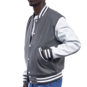 Light Oxford Wool Body & Bright White Leather Sleeves Letterman Jacket side