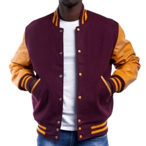 Varsity Jacket with Maroon Wool Body & Bright Gold Leather Sleeves Letterman Jacket