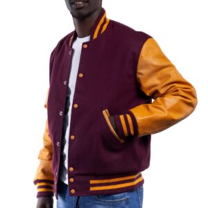 Maroon Wool Body & Bright Gold Leather Sleeves Letterman Jacket side