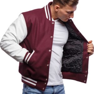 Varsity Jacket with Maroon Wool Body & Bright White Leather Sleeves Letterman Jacket