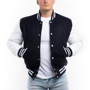 Black Wool Body White Leather Sleeves Varsity Letterman Jacket