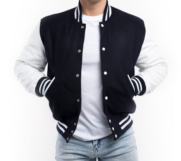 Varsity Jacket With Black Wool Body & White Leather Sleeves Letterman Jacket