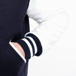 Navy Blue Wool Body & Bright White Leather Sleeves Letterman Jacket front close