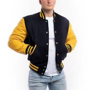 Varsity Jacket with Navy Black Wool Body & Lemon Leather Sleeves Letterman Jacket