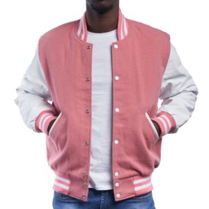 Varsity Jacket with Pink Wool Body & Bright White Leather Sleeves Letterman Jacket