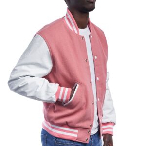 Pink Wool Body & Bright White Leather Sleeves Letterman Jacket side