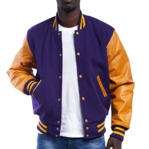 Varsity Jacket with Purple Wool Body & Bright Gold Leather Sleeves Letterman Jacket