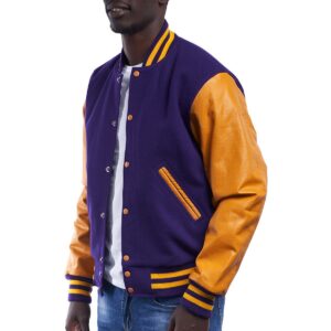 Purple Wool Body & Bright Gold Leather Sleeves Letterman Jacket side