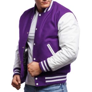 Varsity Jacket with Purple Wool Body & Bright White Leather Sleeves Letterman Jacket