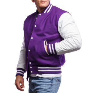 Purple Wool Body & Bright White Leather Sleeves Letterman Jacket front