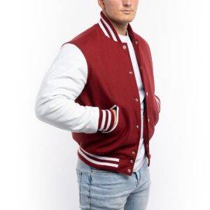 Varsity Jacket with Red Wool Body & Bright White Leather Sleeves Letterman Jacket