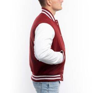Red Wool Body & Bright White Leather Sleeves Letterman Jacket side