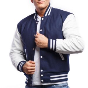 Varsity Jacket with Royal Blue Wool Body & Bright White Leather Sleeves Letterman Jacket