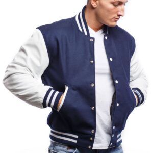 Royal Blue Wool Body & Bright White Leather Sleeves Letterman Jacket front pockets