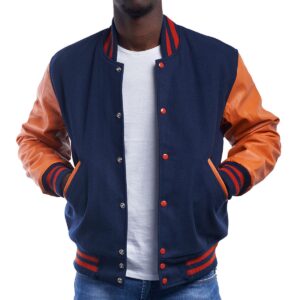 Varsity Jacket with Royal Blue Wool Body & Orange Leather Sleeves Letterman Jacket