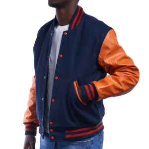 Royal Wool Body & Orange Leather Sleeves Letterman Jacket side