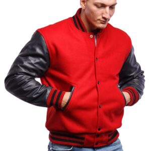 Varsity Letterman Jacket with Scarlet Red Wool Body & Black Leather Sleeves Letterman Jacket